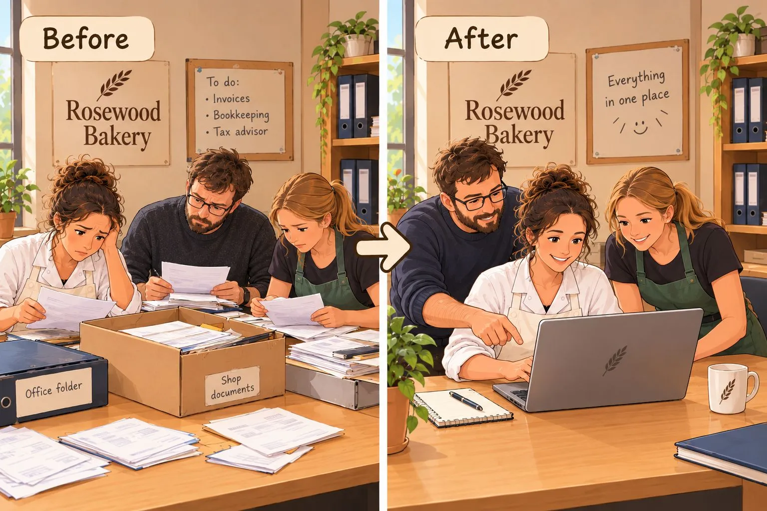 Before: the team searching through stacks of paper. After: the team finding documents together on a laptop