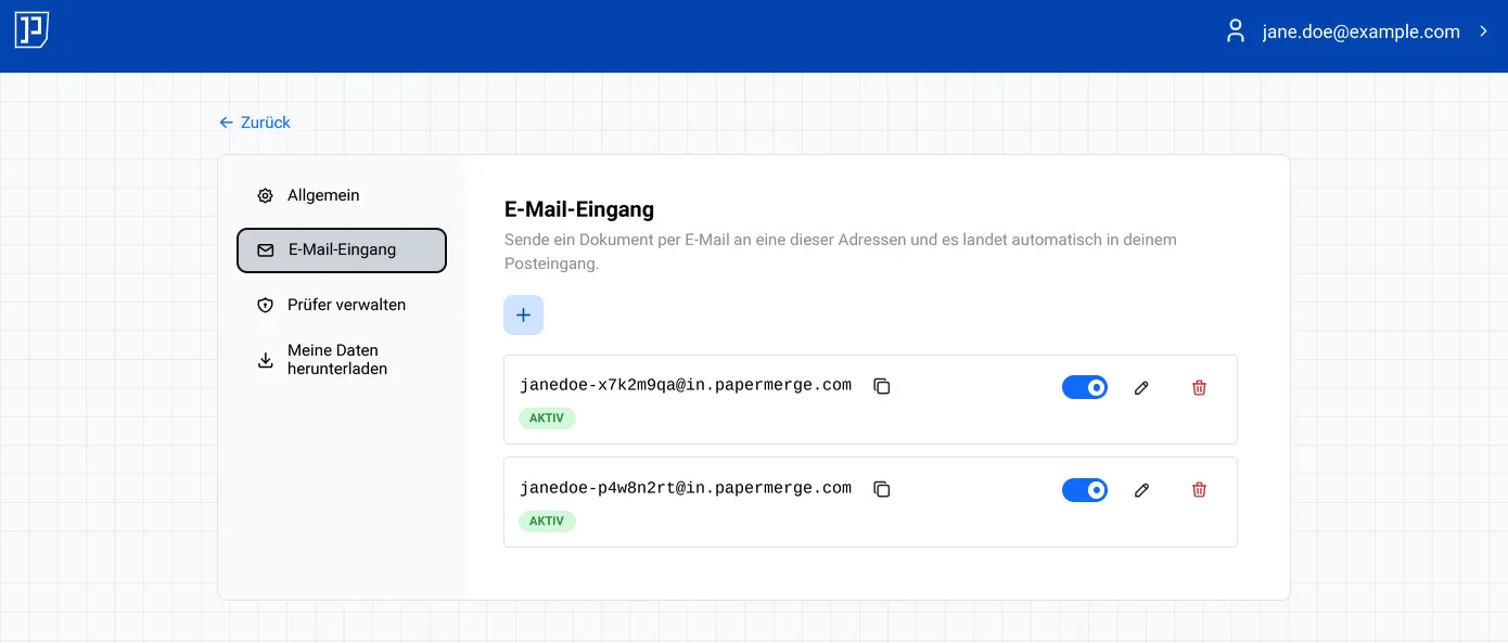 Einstellungen für den E-Mail-Eingang mit zwei aktiven Adressen
