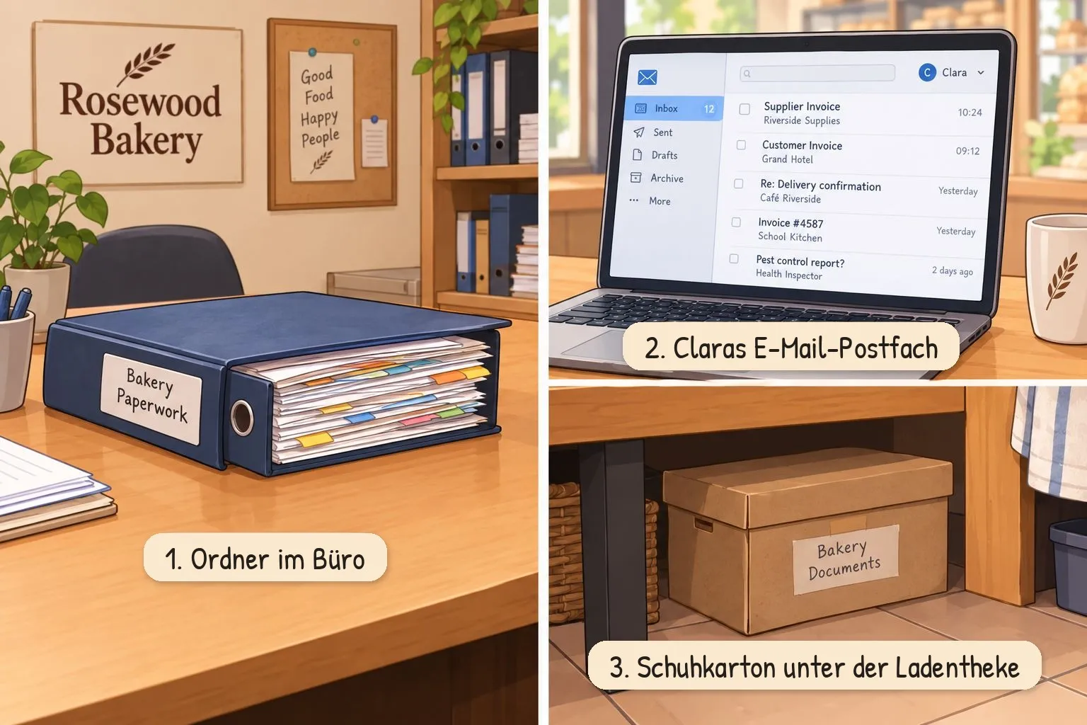 Drei Orte für die Unterlagen der Bäckerei
