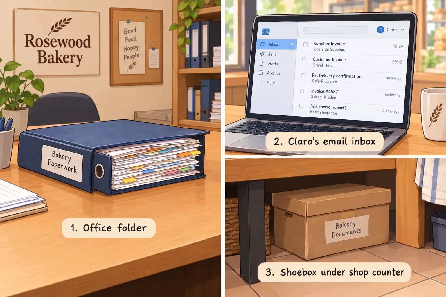 Three places for bakery paperwork